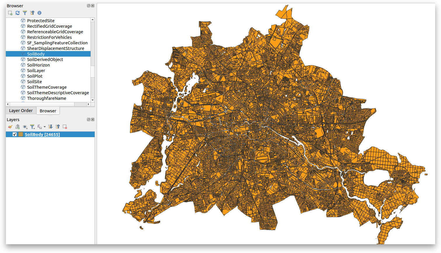 Figure: INSPIRE soil data of the city of Berlin, provided through a deegree WFS with a total of 24.655 features and visualized in QGIS.