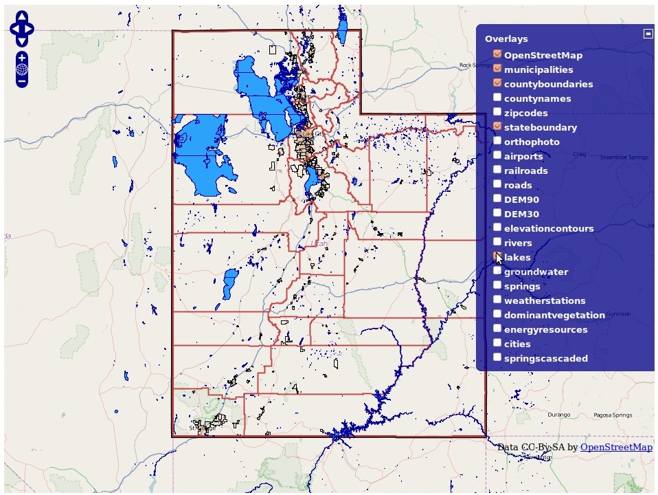 Figure: One of deegree's demo workspaces: A web mapping setup based on data from the state of Utah.